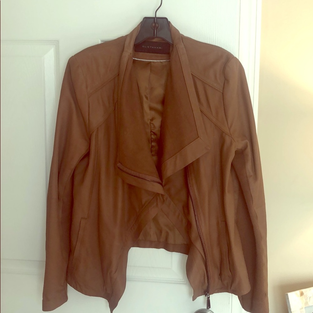 Elie Tahari Brown leather funnel neck jacket